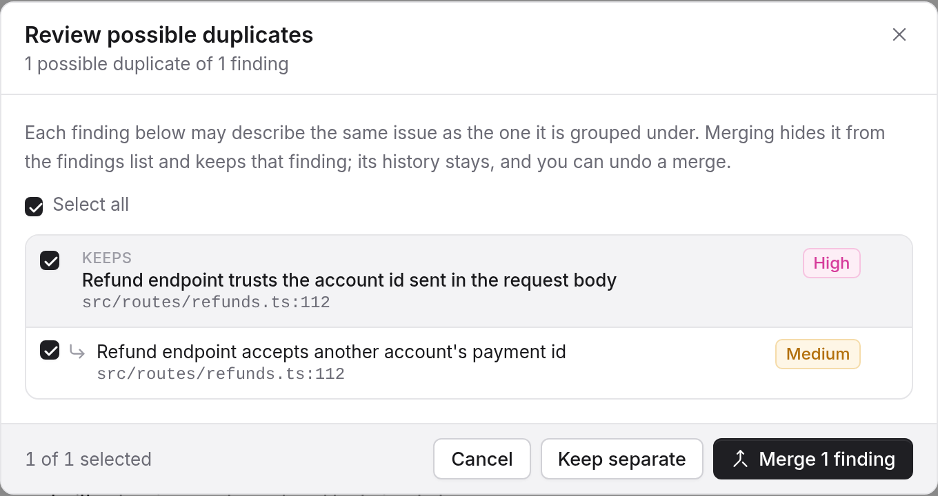 The possible-duplicate review: a finding and the earlier finding it may repeat, with merge and keep choices.