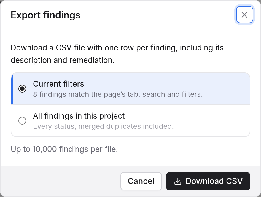 The Export findings dialog: current filters or all findings in the project, then Download CSV.