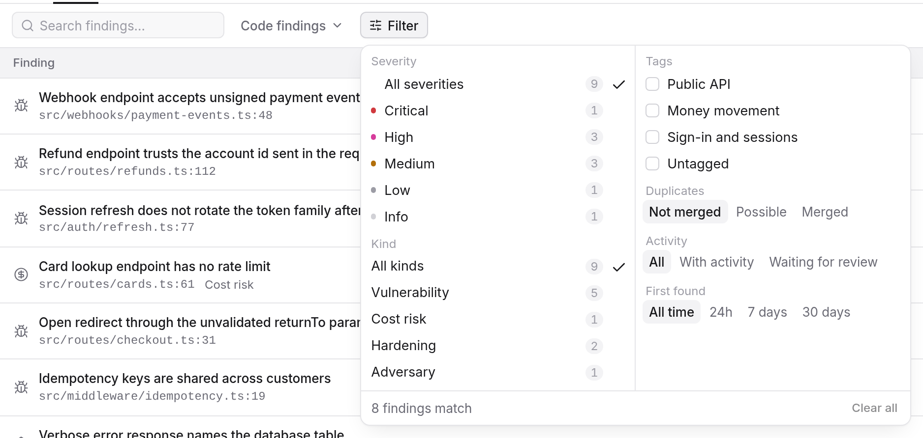 The Findings list with the Kind filter open, listing vulnerability, cost risk, hardening and Adversary.