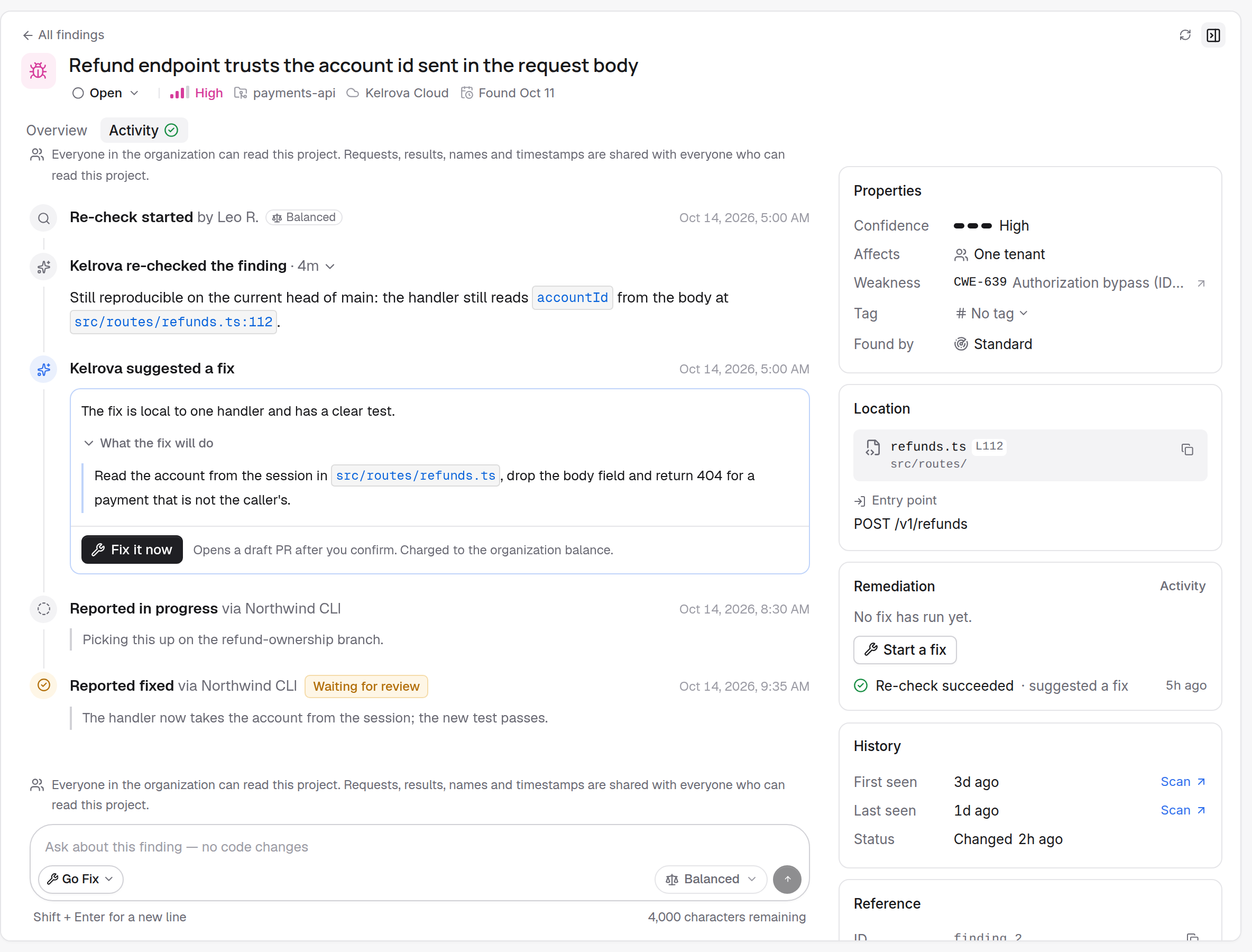 The Activity tab of a finding: a re-check and the fix it suggests, then a connected app reporting work in progress and proposing the finding as fixed.