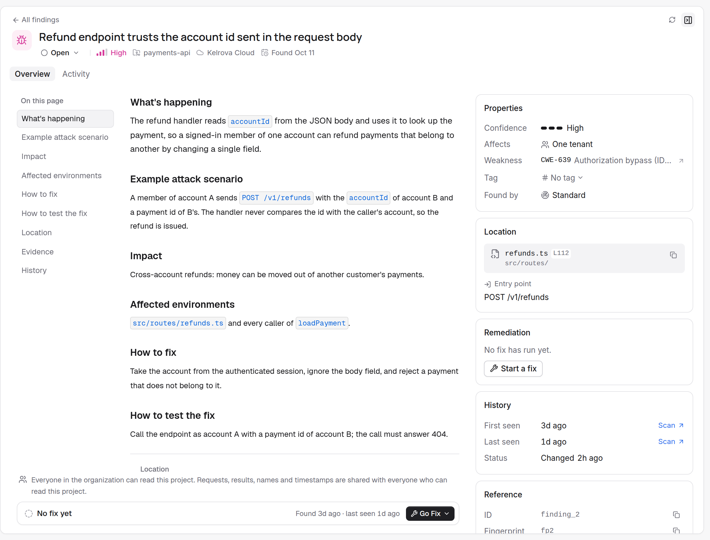 A finding's page on the Overview tab: severity, title, location and the written overview.
