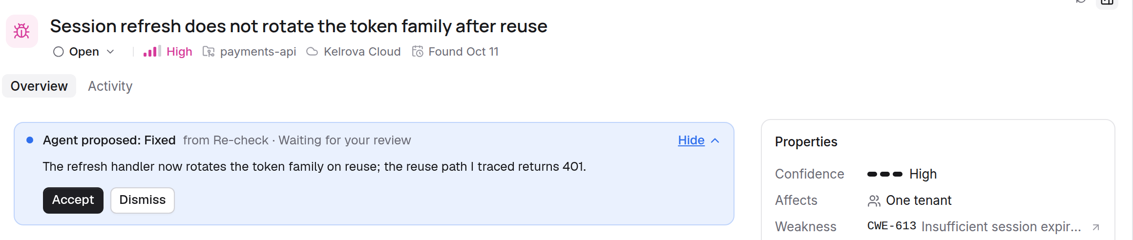 A finding with a proposed status change waiting for review: the proposal opened to show its reason, with Accept and Dismiss.