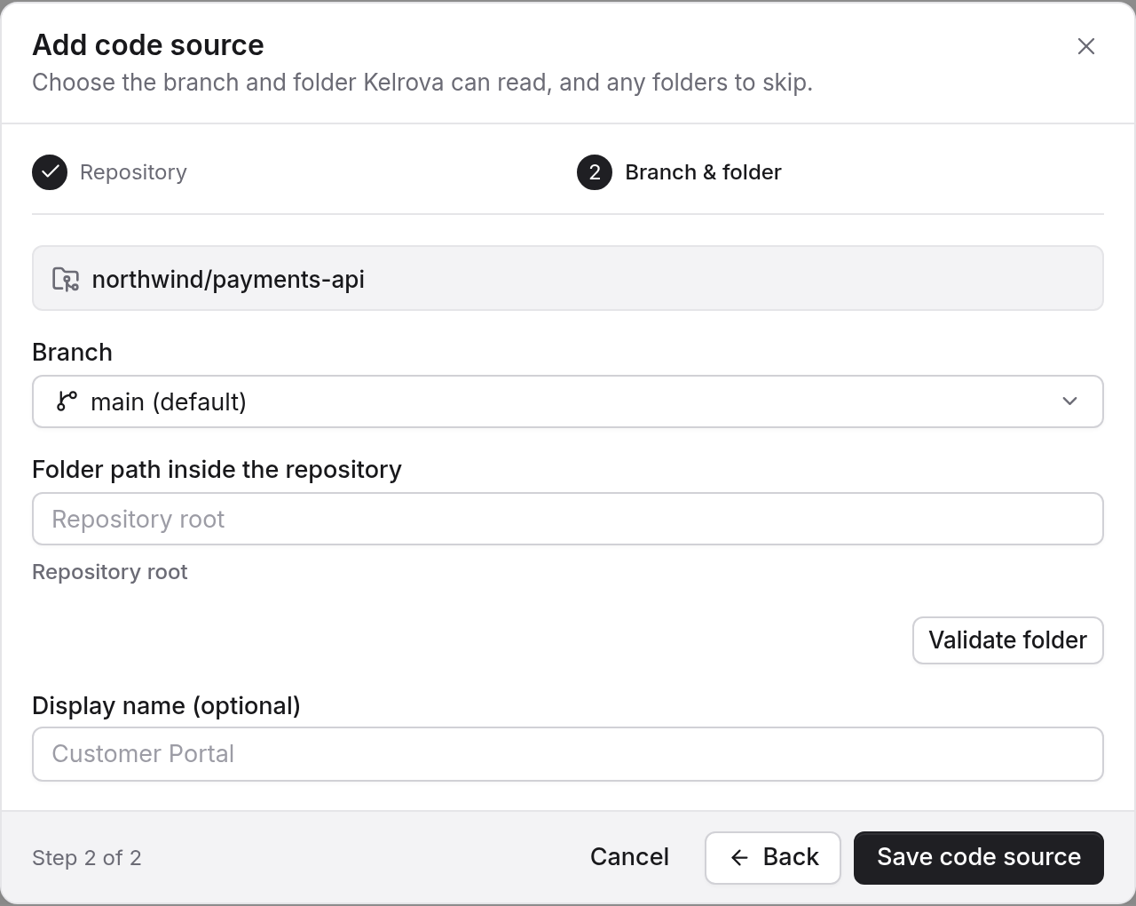 The Add code source dialog, step 2 of 2, Branch and folder: the repository northwind/payments-api with the branch main selected.