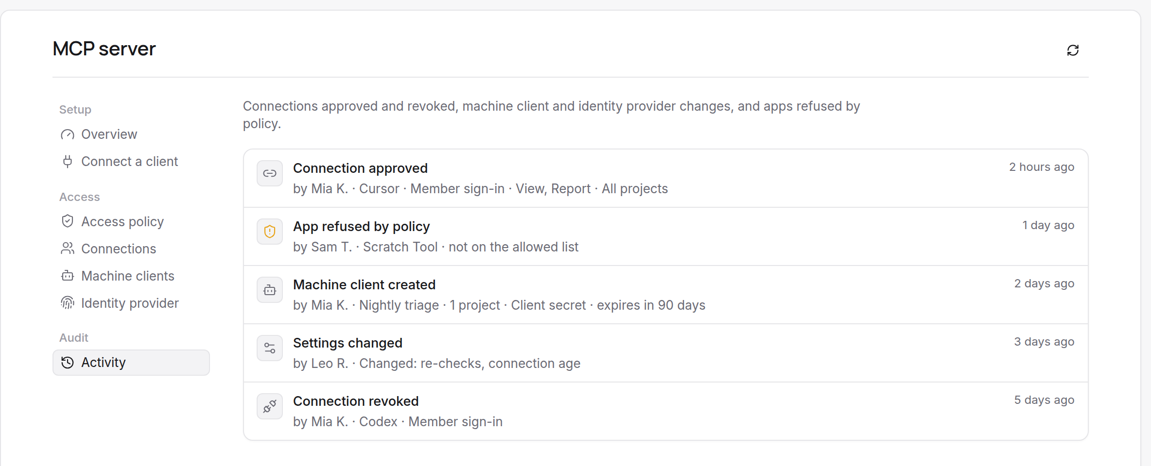 The MCP activity log: apps connected and revoked, a refused app, a machine client created and a settings change.