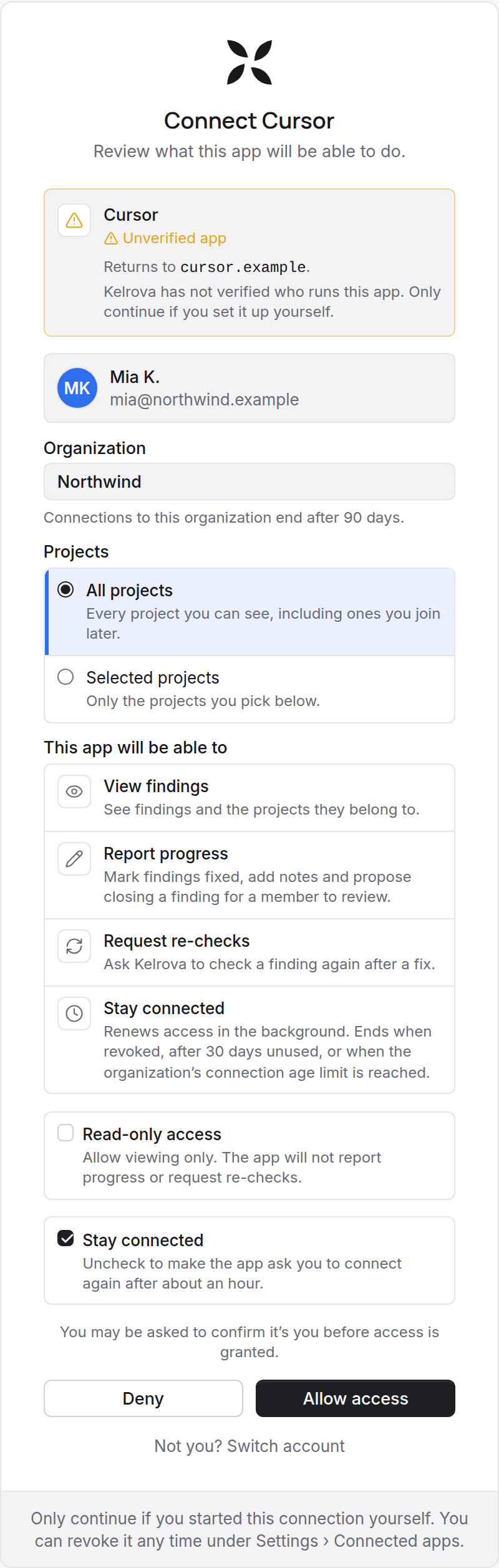 The consent screen for a connecting app: the organization it will use, the projects it may reach, the access it asks for, and Deny or Allow access.