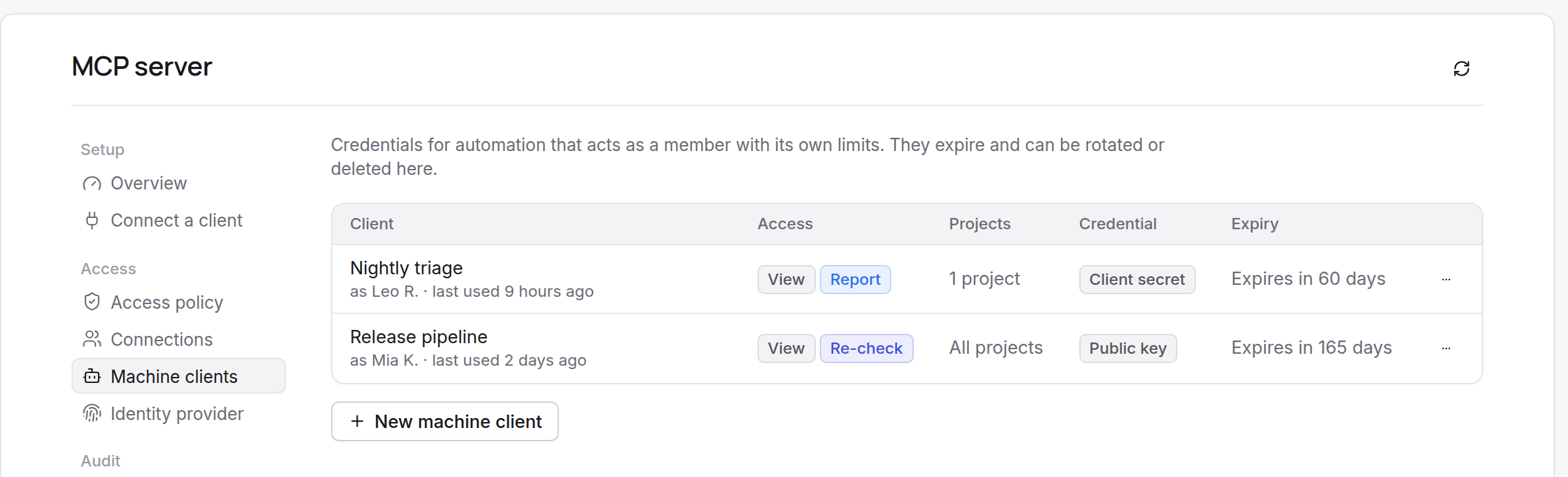 The Machine clients page with two clients, each showing who it runs as, its access, its credential and when it expires.
