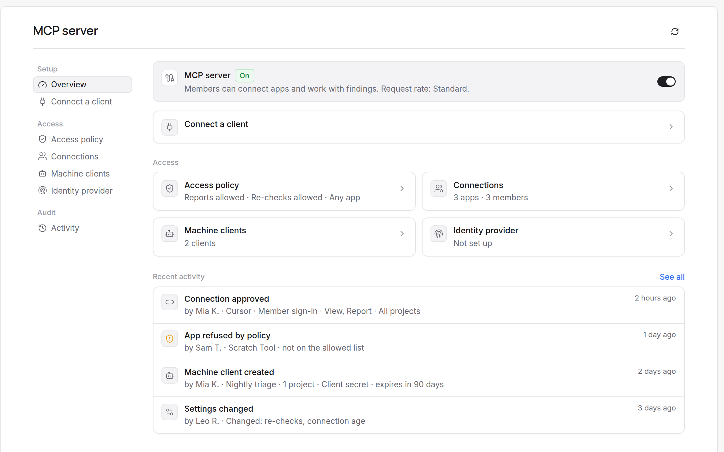 The MCP server overview: the status card showing the server is on, with the section's pages listed beside it.
