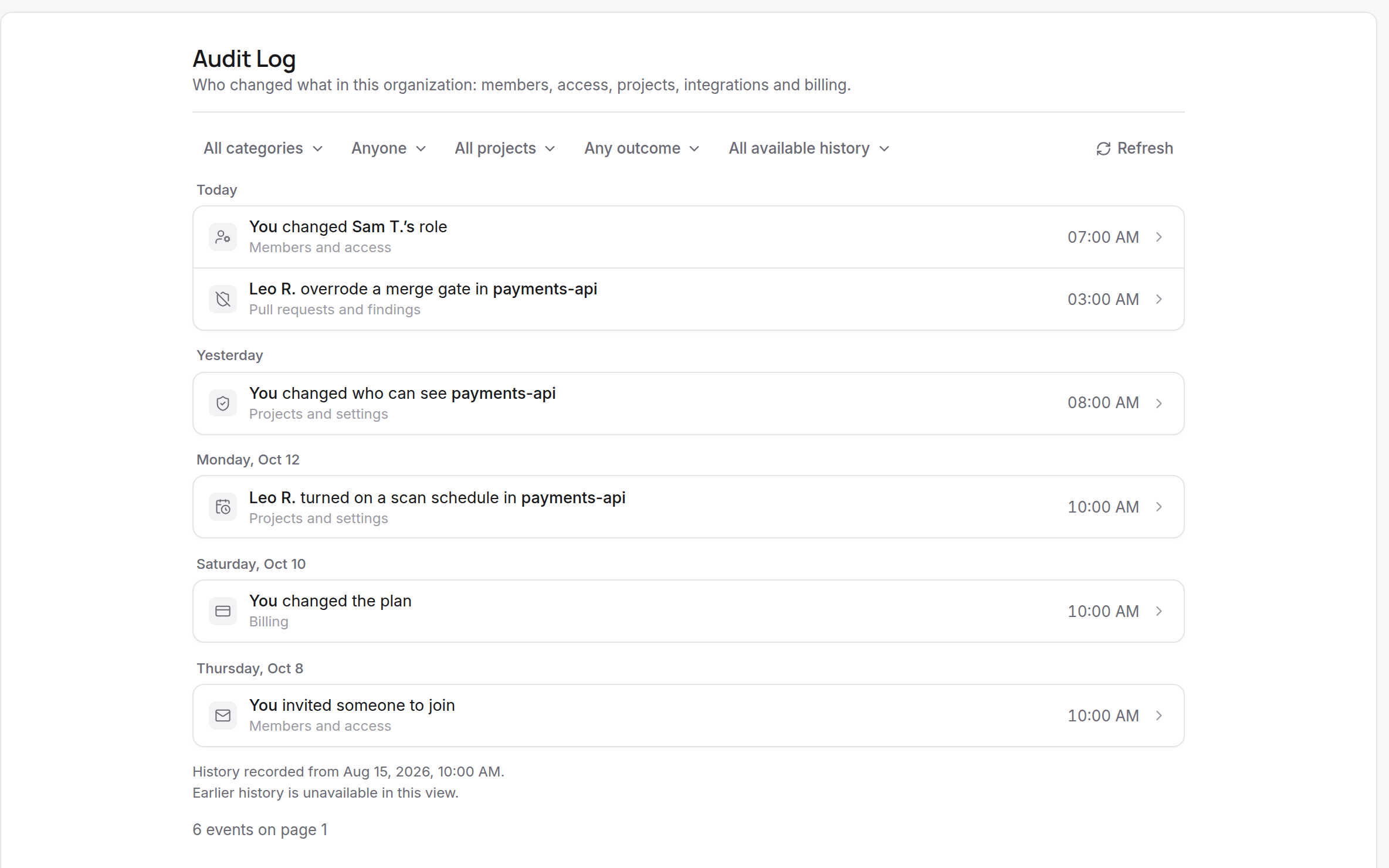 The Audit Log: recent changes to members, a merge gate override, project visibility, a schedule, the plan and an invitation, grouped by day.