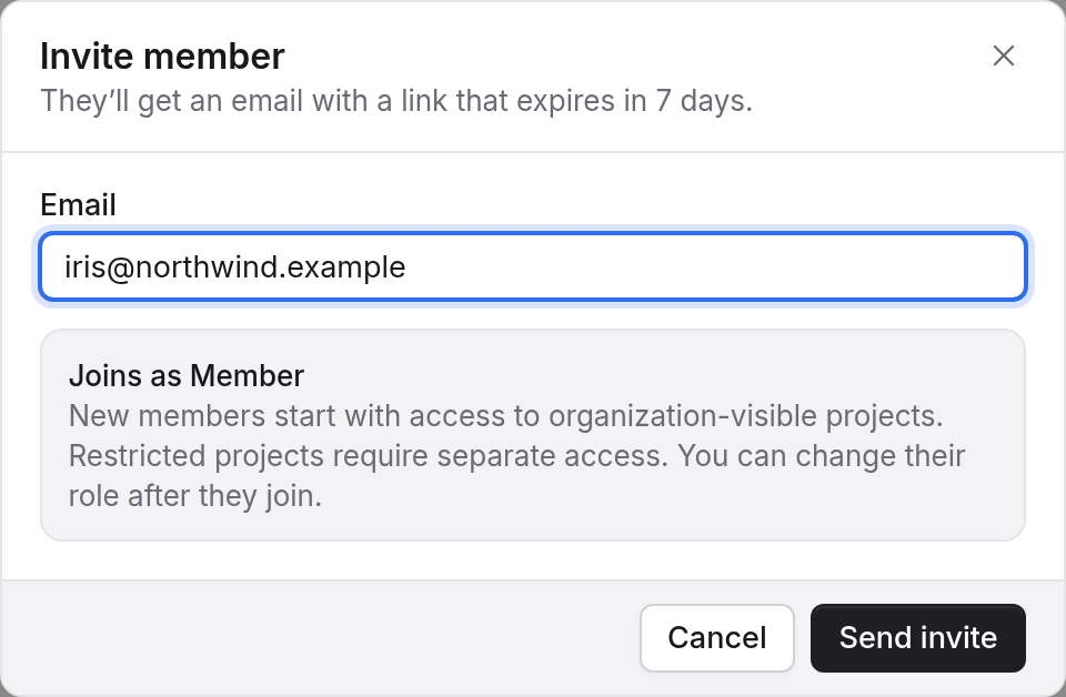 The Invite member dialog with an email address entered, a note that the person joins as a Member, and Send invite.