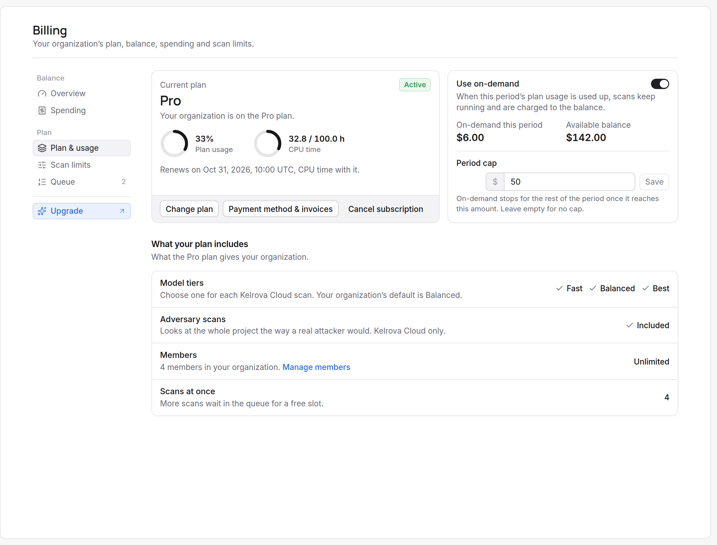 The Plan and usage tab of Billing: the current plan, how much of this period is used, and the on-demand cap.