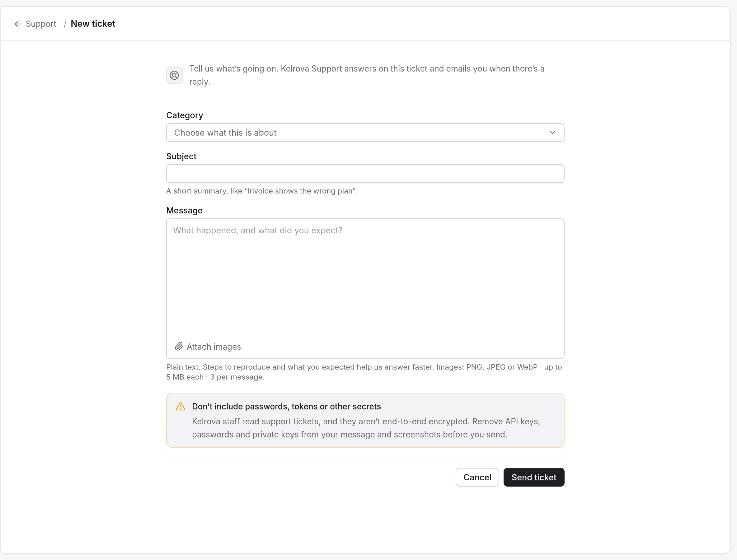 The New ticket form: category, subject, message with image attachments, and a note not to include secrets.