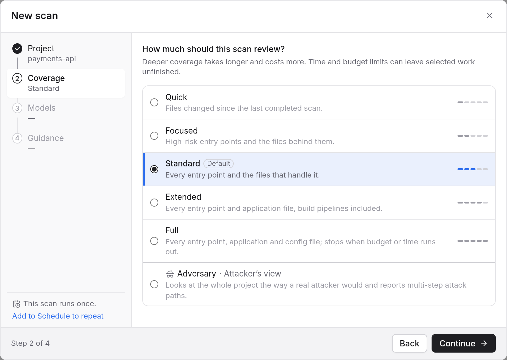The New scan dialog for payments-api on its Coverage step with the Standard level selected.