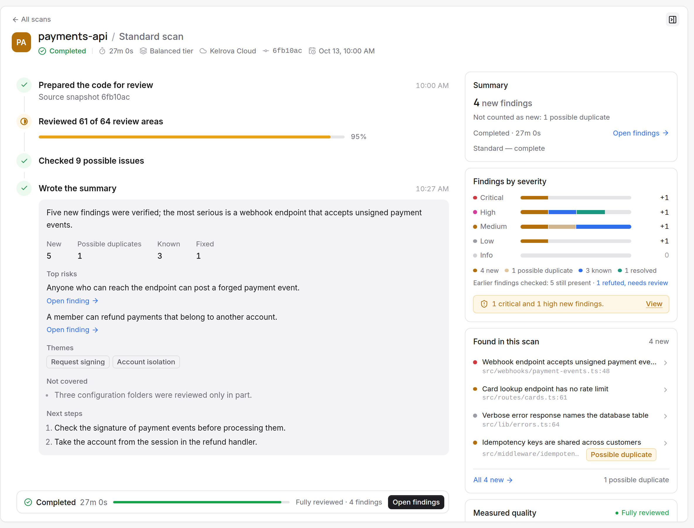 A completed Standard scan: the summary, counts of new and known findings, and the findings the run reported.