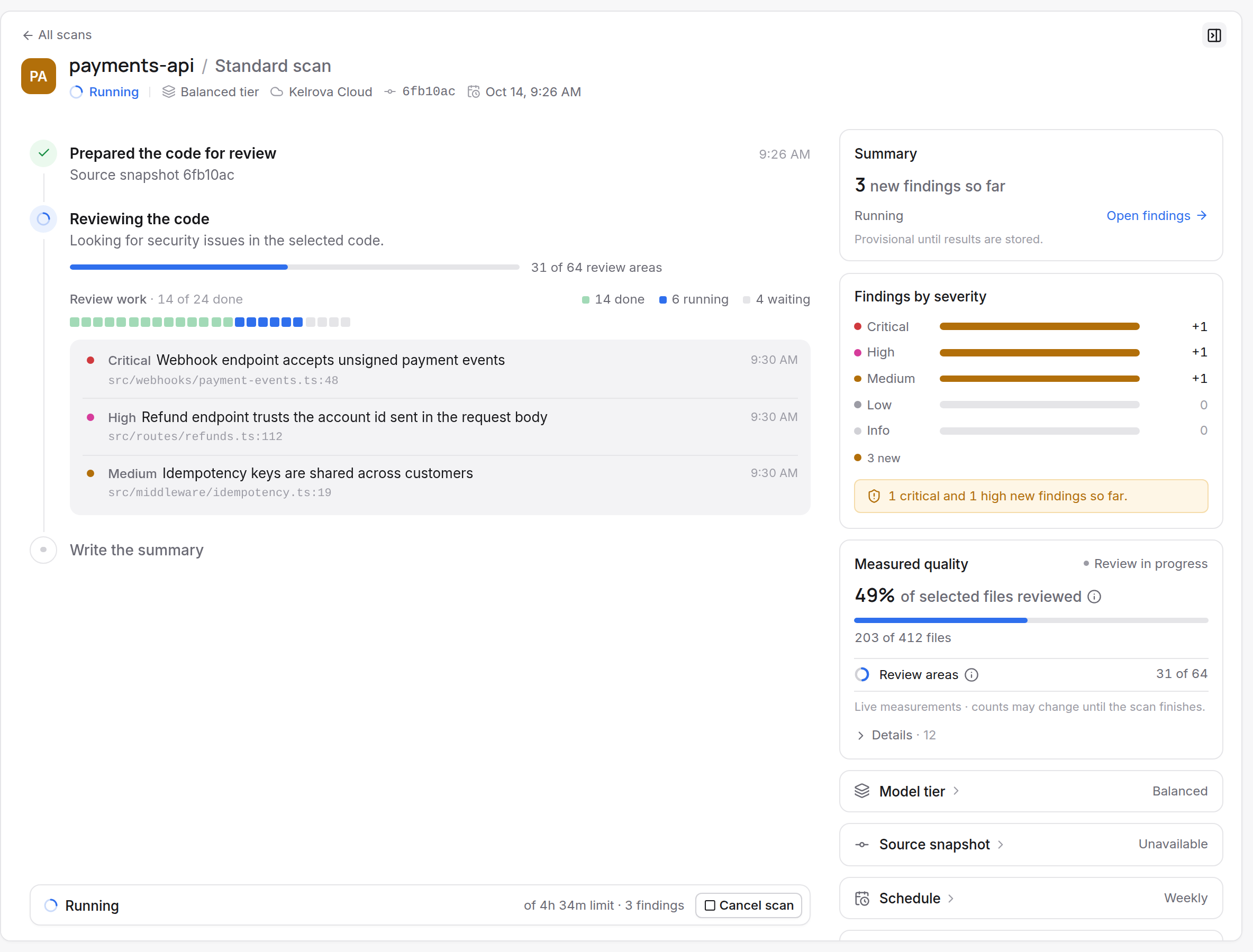 A running Standard scan: the review meter with files and areas reviewed so far and the findings confirmed while it runs.