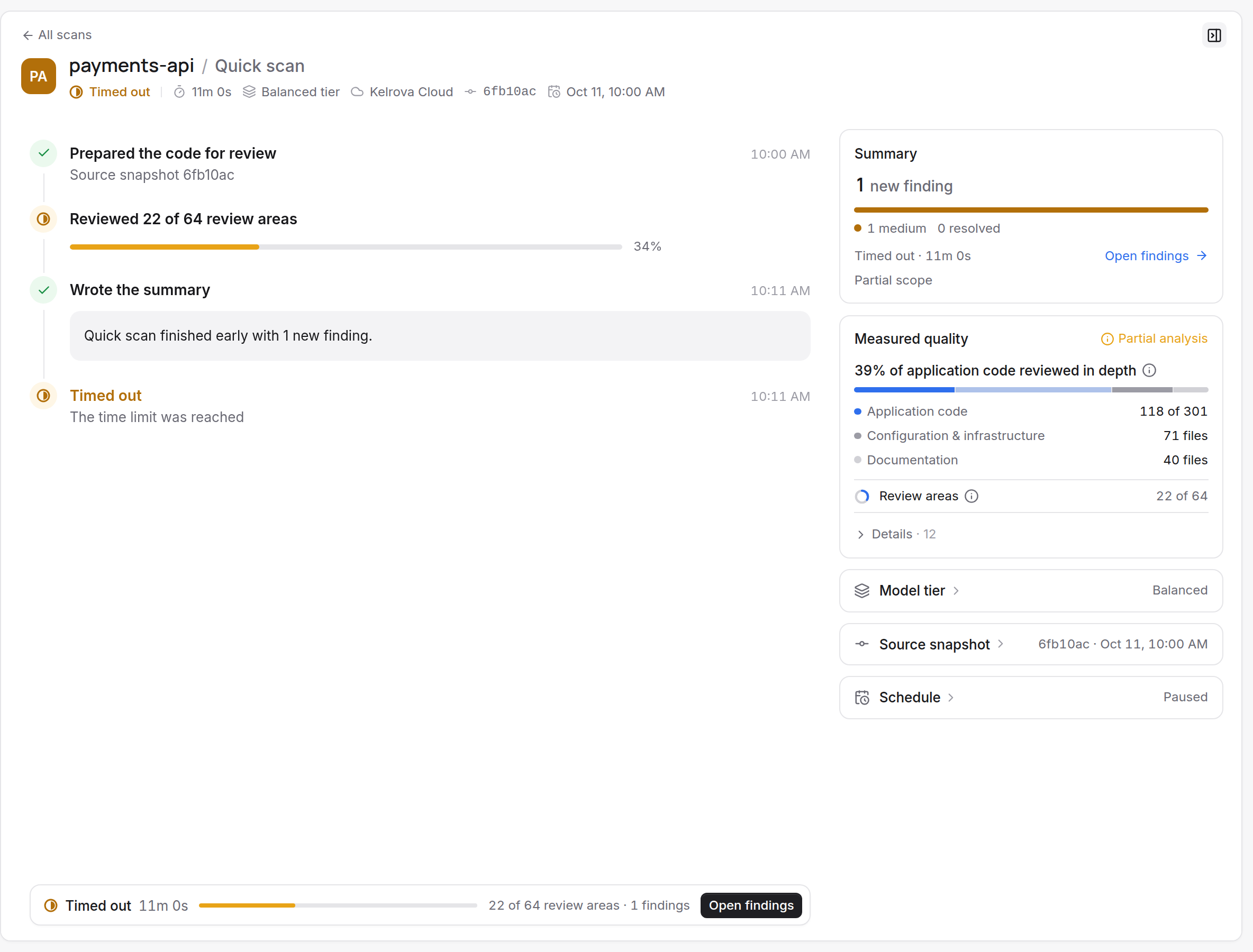 A partial Quick scan that stopped early, with the reason and how much of the project it reviewed.