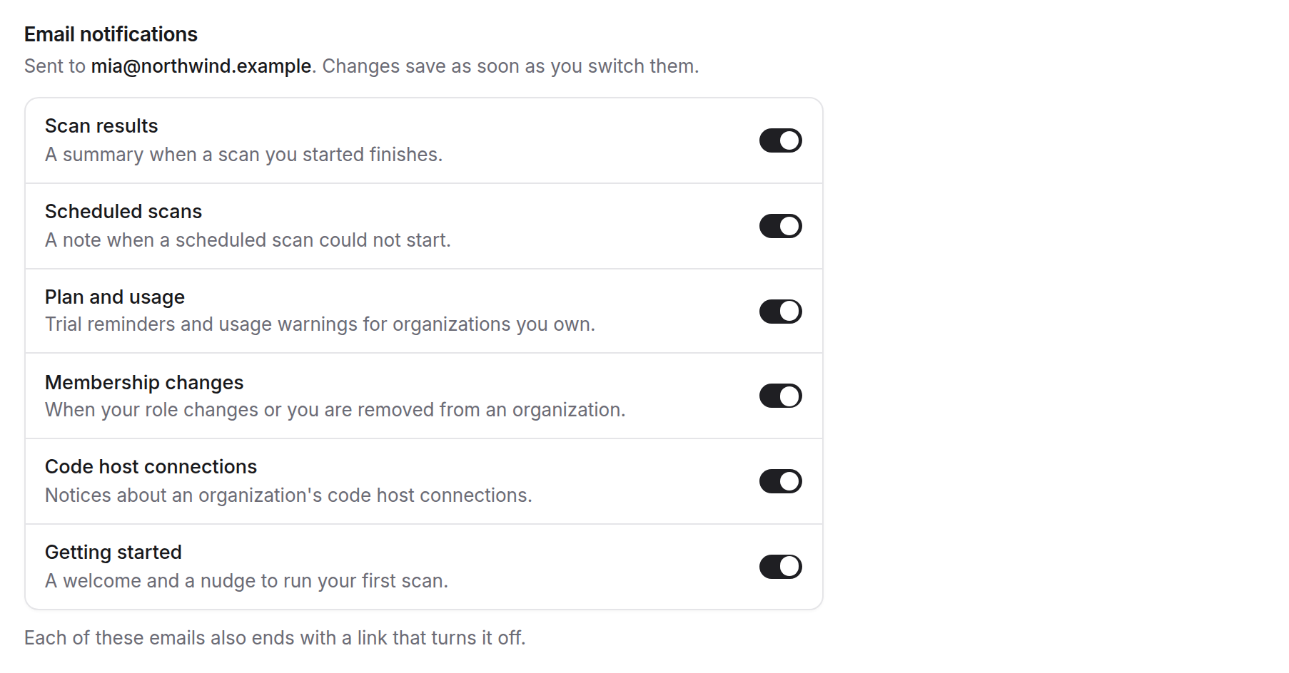 The optional emails Kelrova sends, such as scan results and scheduled scan notices, each with its own on and off switch.