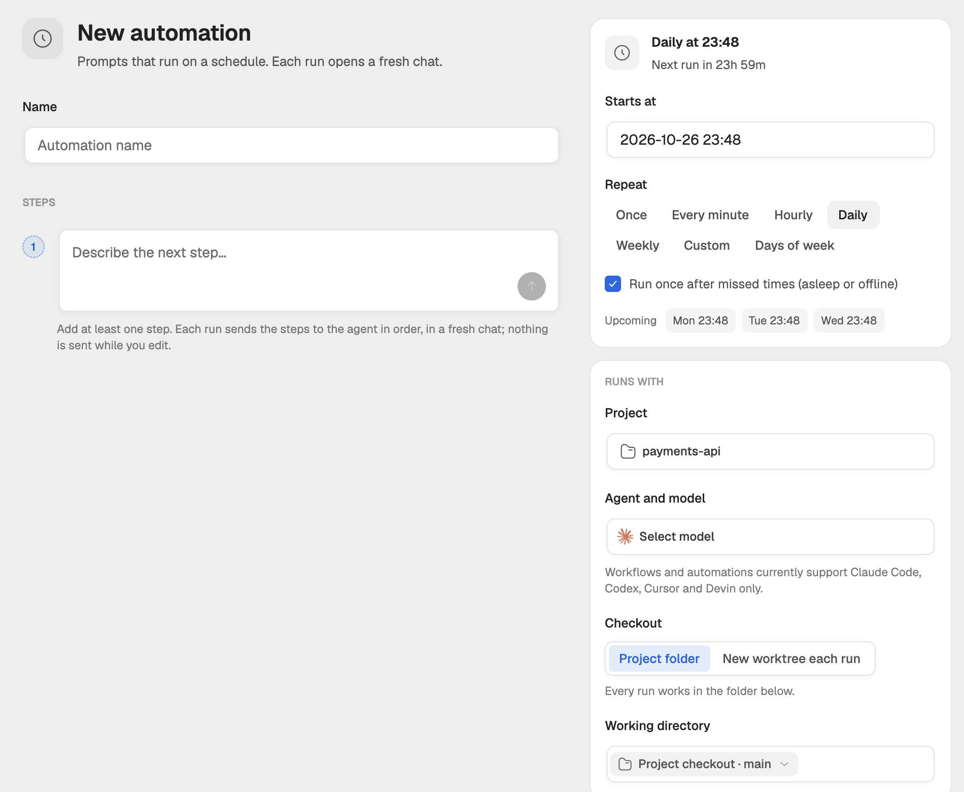 The New automation form with the name, steps, Runs with, the schedule card and the notifications card.