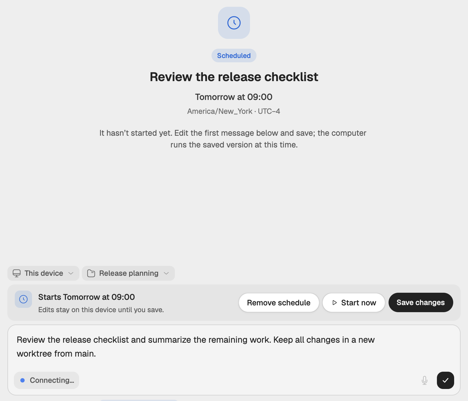 A scheduled chat opened for editing: the overview with its start and computer, and the bar with Remove schedule, Start now and Save changes over the composer.