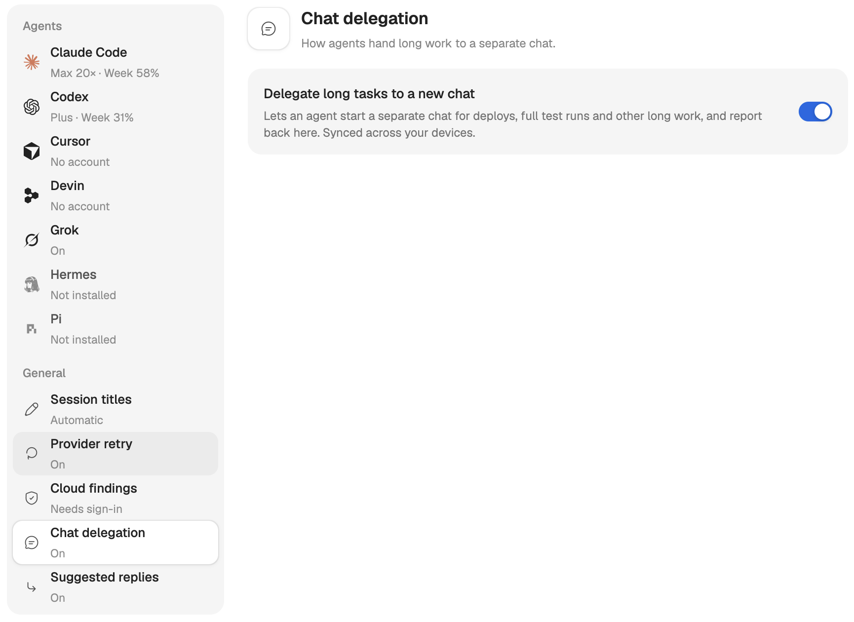 Settings, Agents, Chat delegation: the Delegate long tasks to a new chat switch turned on.