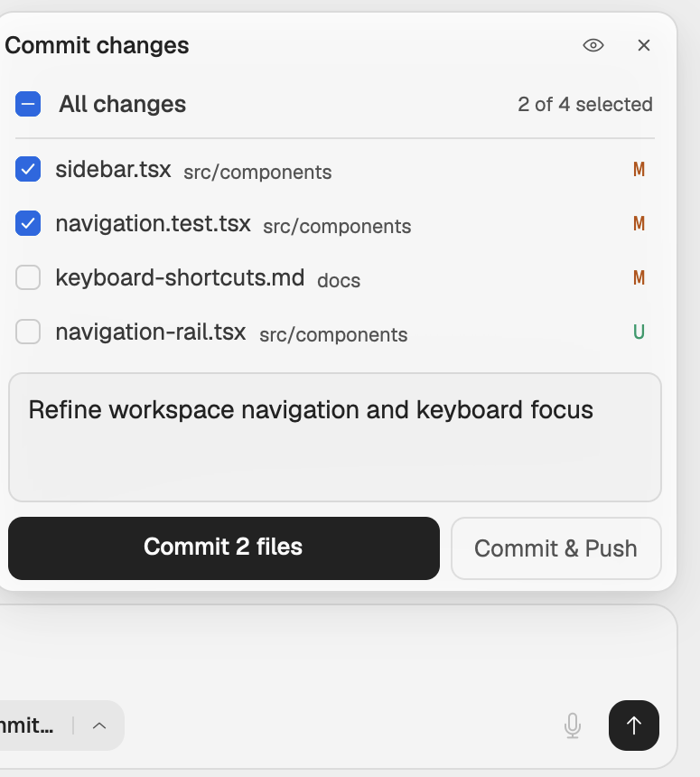 The Commit changes card: a list of changed files with checkboxes, All changes, the commit message field, and the Commit and Commit & Push buttons.
