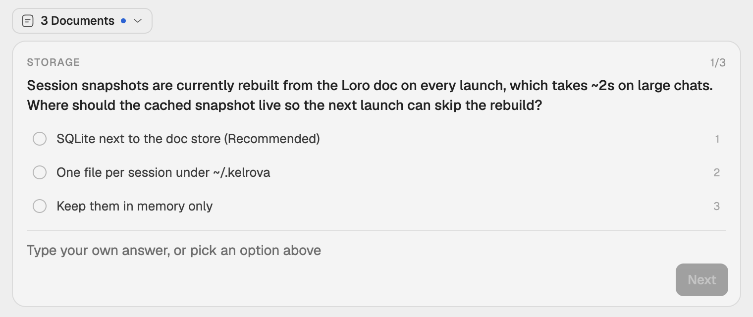 The question panel in place of the composer: a header, the question, numbered options, the answer field and Next.