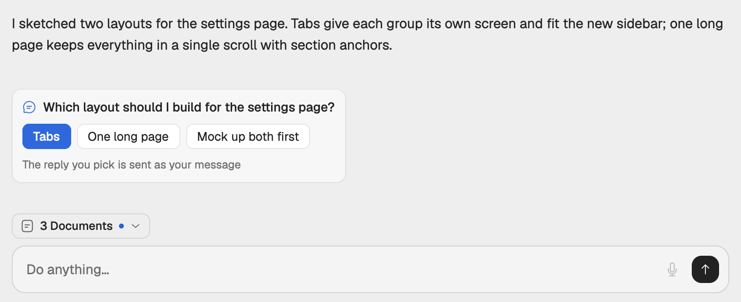 A suggested replies box under the agent's last message: a one-line question over three reply buttons, the first one solid.