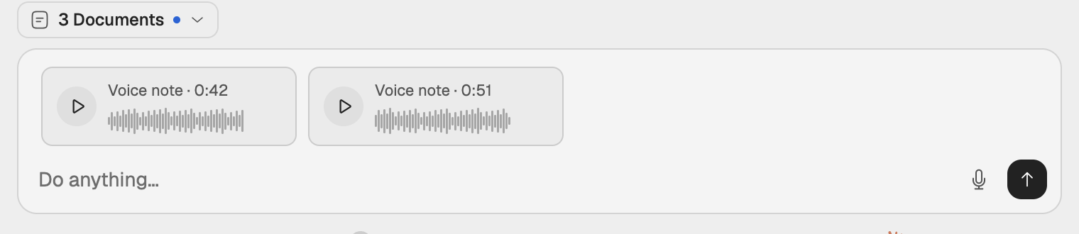 Two voice note cards in the composer, each with its length, a play button and a remove button.