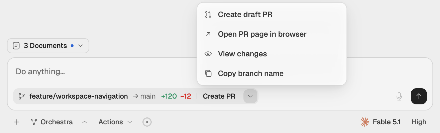 The work strip in the composer's footer: the branch name, the base branch, the diff pill and a Create PR split button with its menu open.