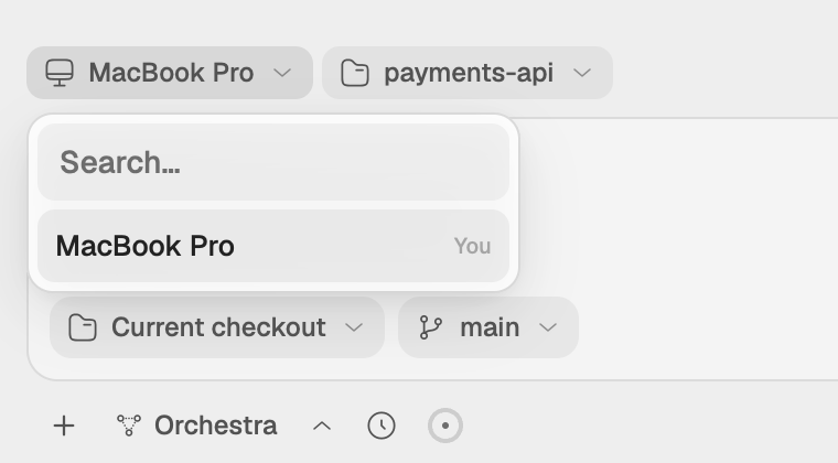 The new-chat canvas with the device chip open, listing this Mac marked You and a Linux server.