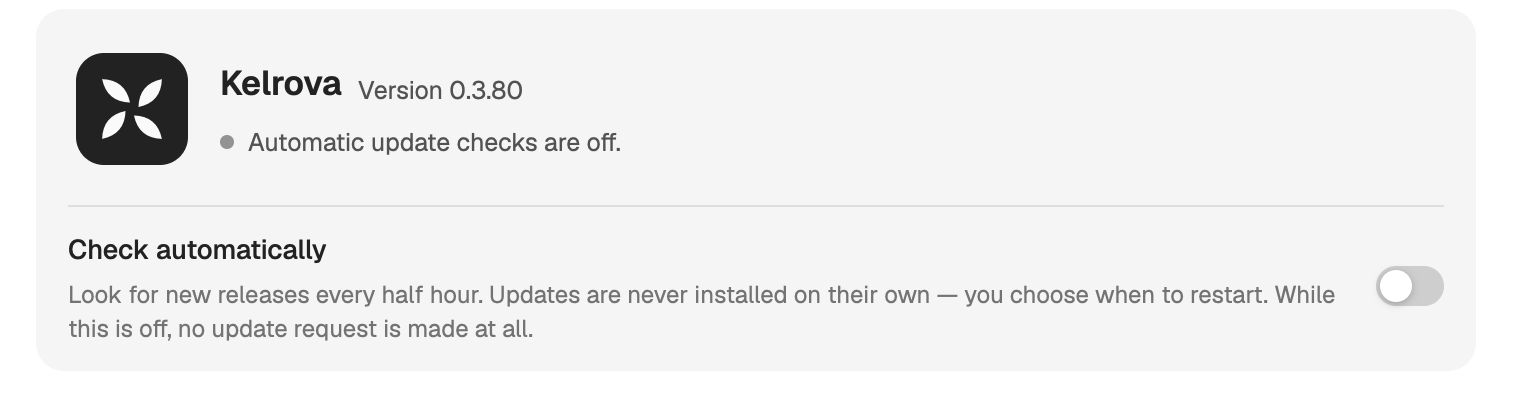 Settings, About: the Kelrova version, a Check for updates button and the Check automatically switch.
