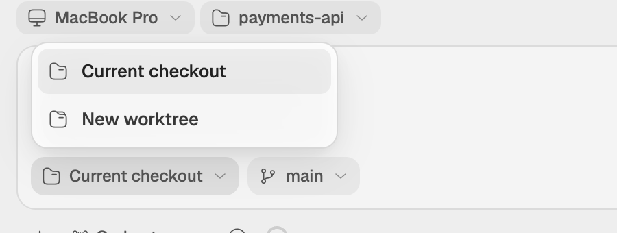 The checkout chip's menu open on a new chat, offering Current checkout and New worktree.