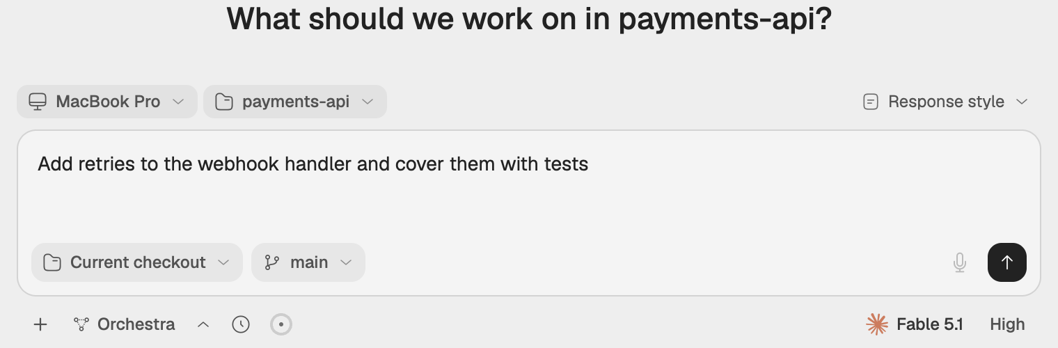 The new-chat canvas with the device and project chips above a drafted message, and the checkout and model controls below it.