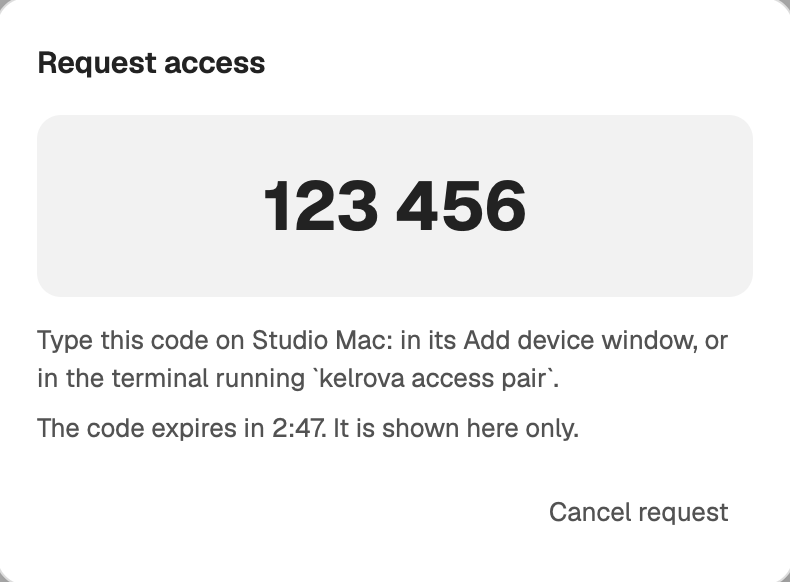 The Request access dialog showing a six-digit code and the time left to type it on the other computer.