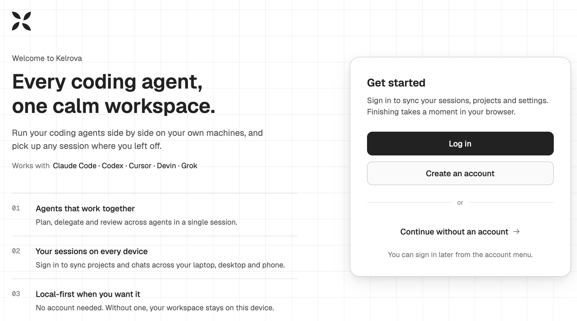 Welcome to Kelrova with the Log in and Create an account buttons and Continue without an account.