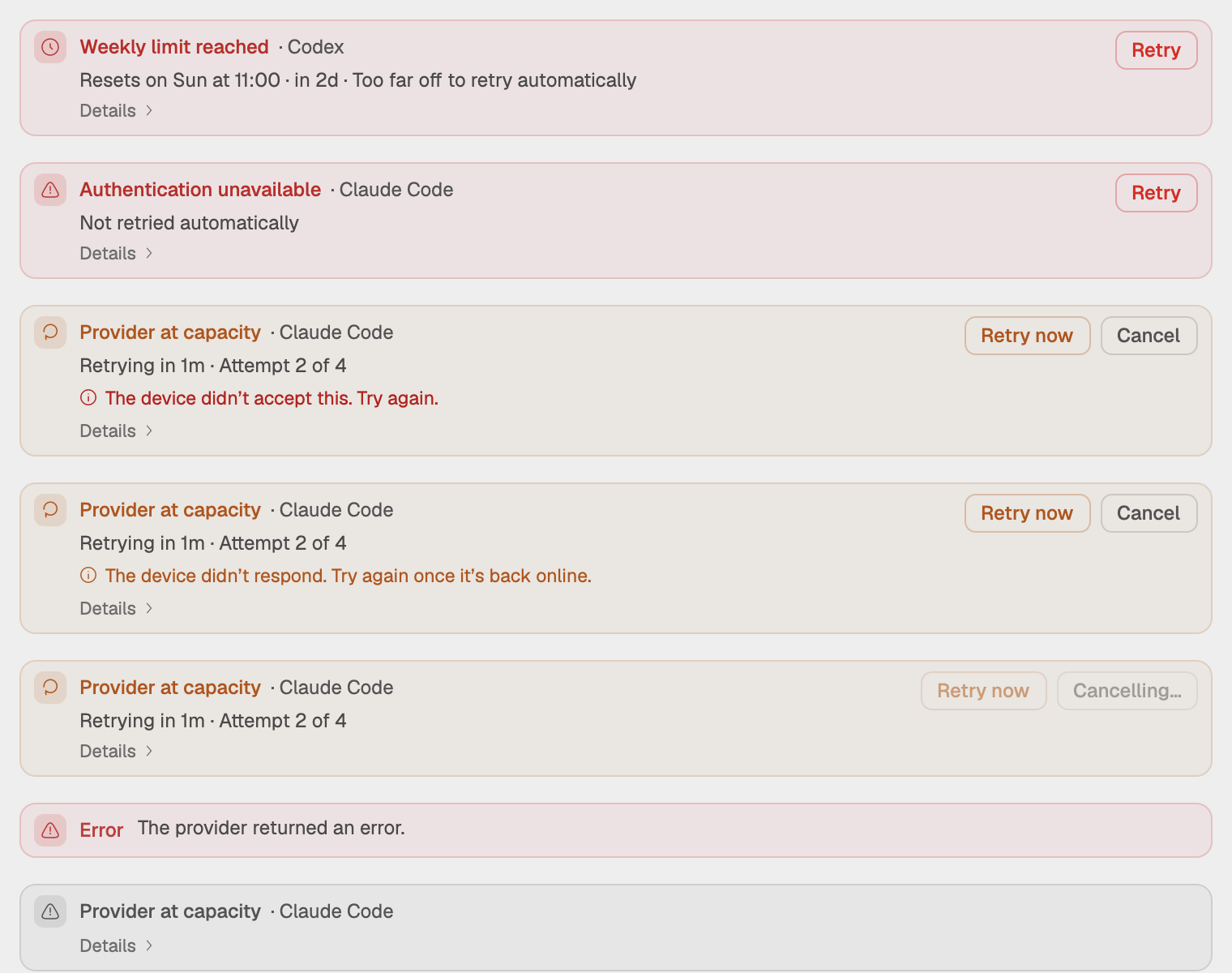 A provider error row in a chat reading Session limit reached, with the reset time, Retry now and Cancel.