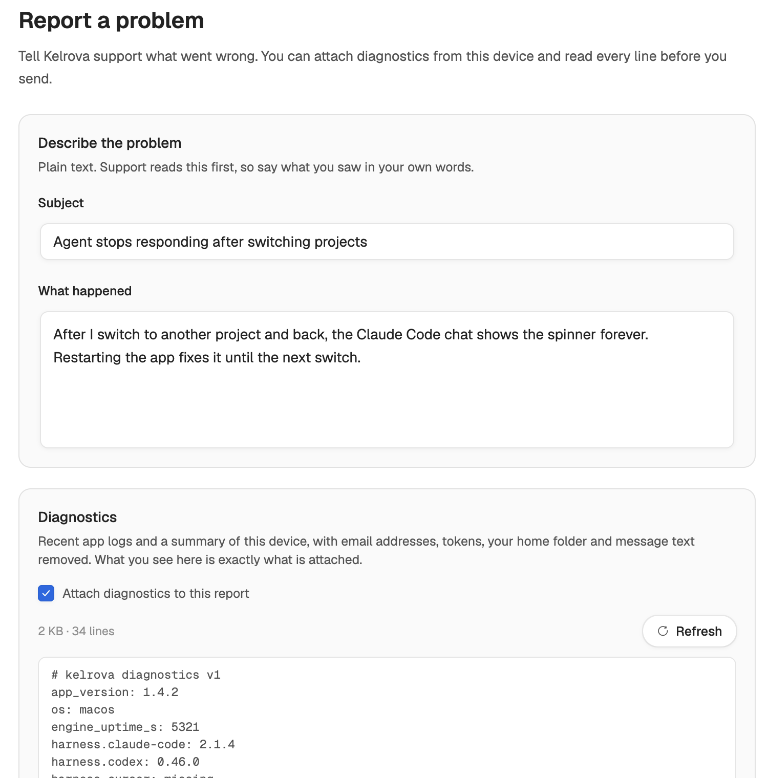 Settings → Report a problem with a subject and description filled in, Attach diagnostics on, and the diagnostics text below.