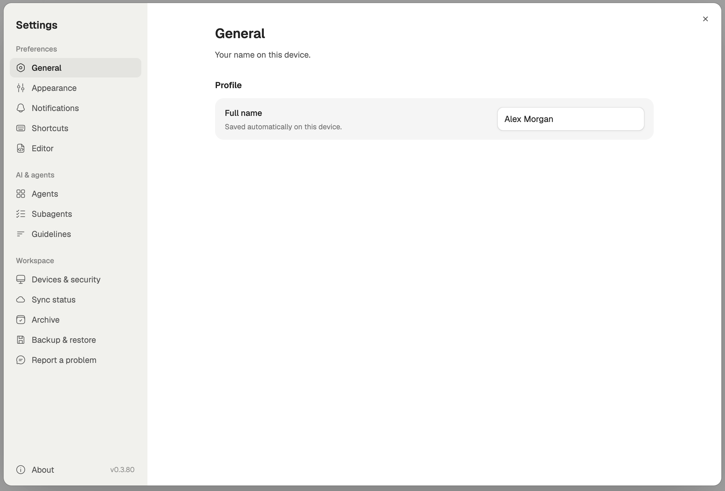 The Settings window with Preferences, AI & agents and Workspace groups in the left column and General open.