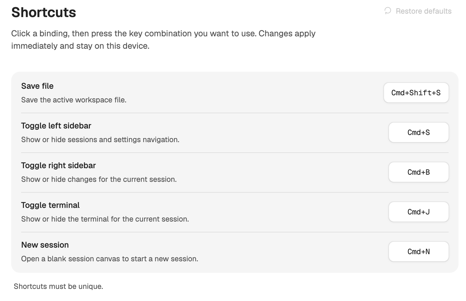 Settings → Shortcuts listing Save file, Toggle left sidebar, Toggle right sidebar, Toggle terminal and New session with their key combinations.