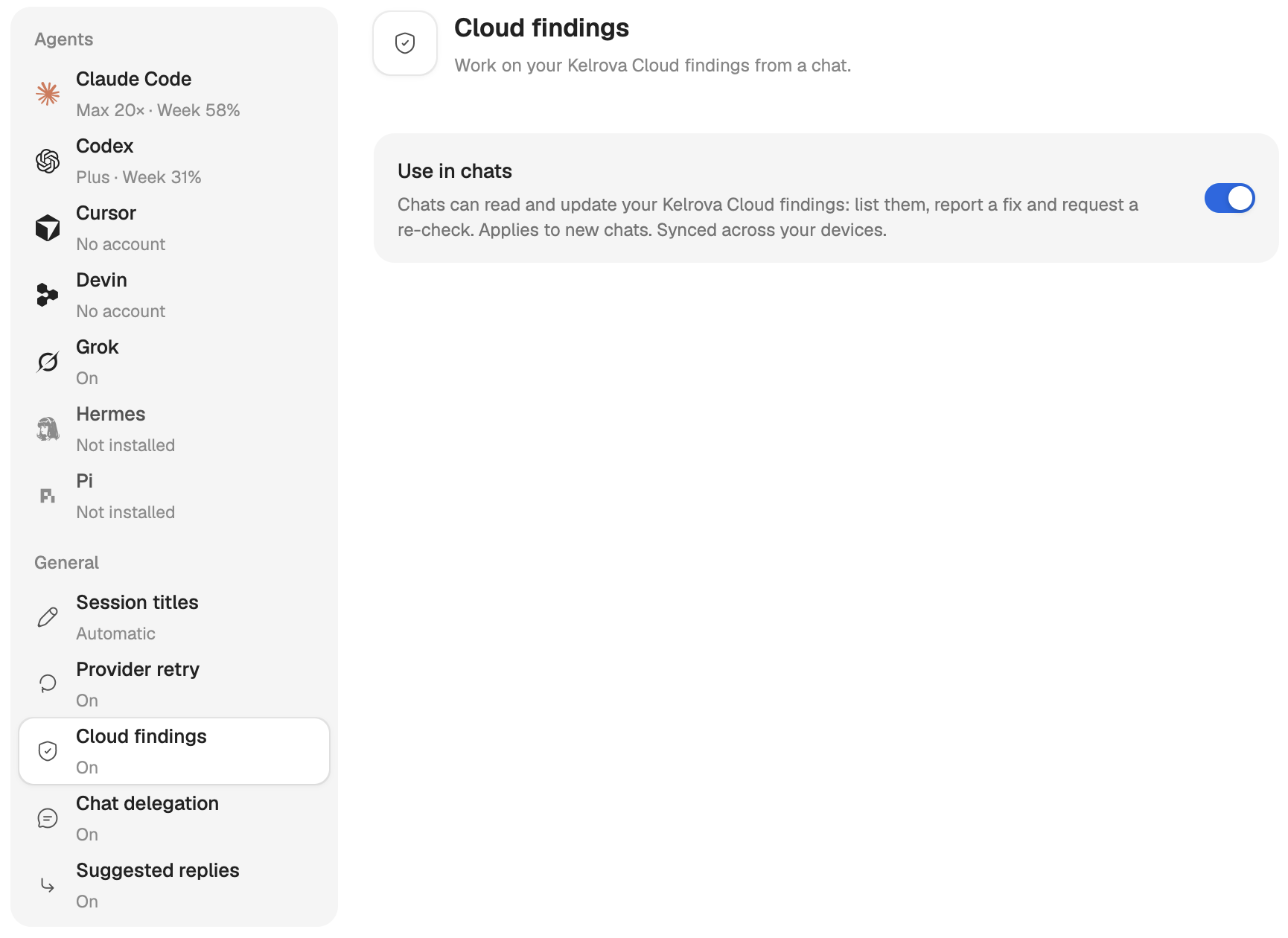 Settings, Agents, Cloud findings: the pane header and the Use in chats switch turned on.