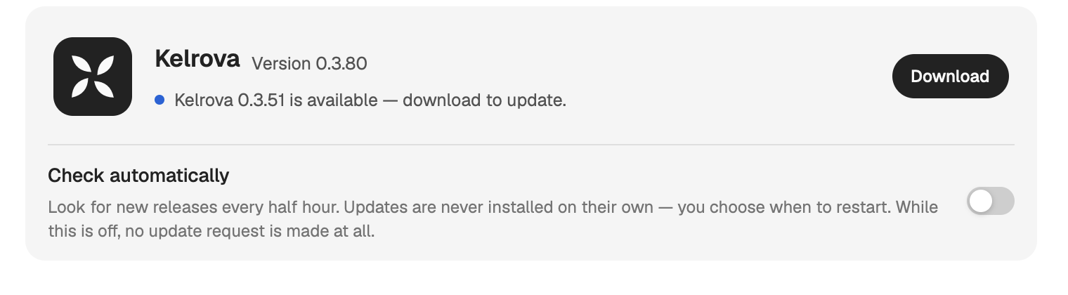Settings, About: the Kelrova version, an update available with Download, and the Check automatically switch.