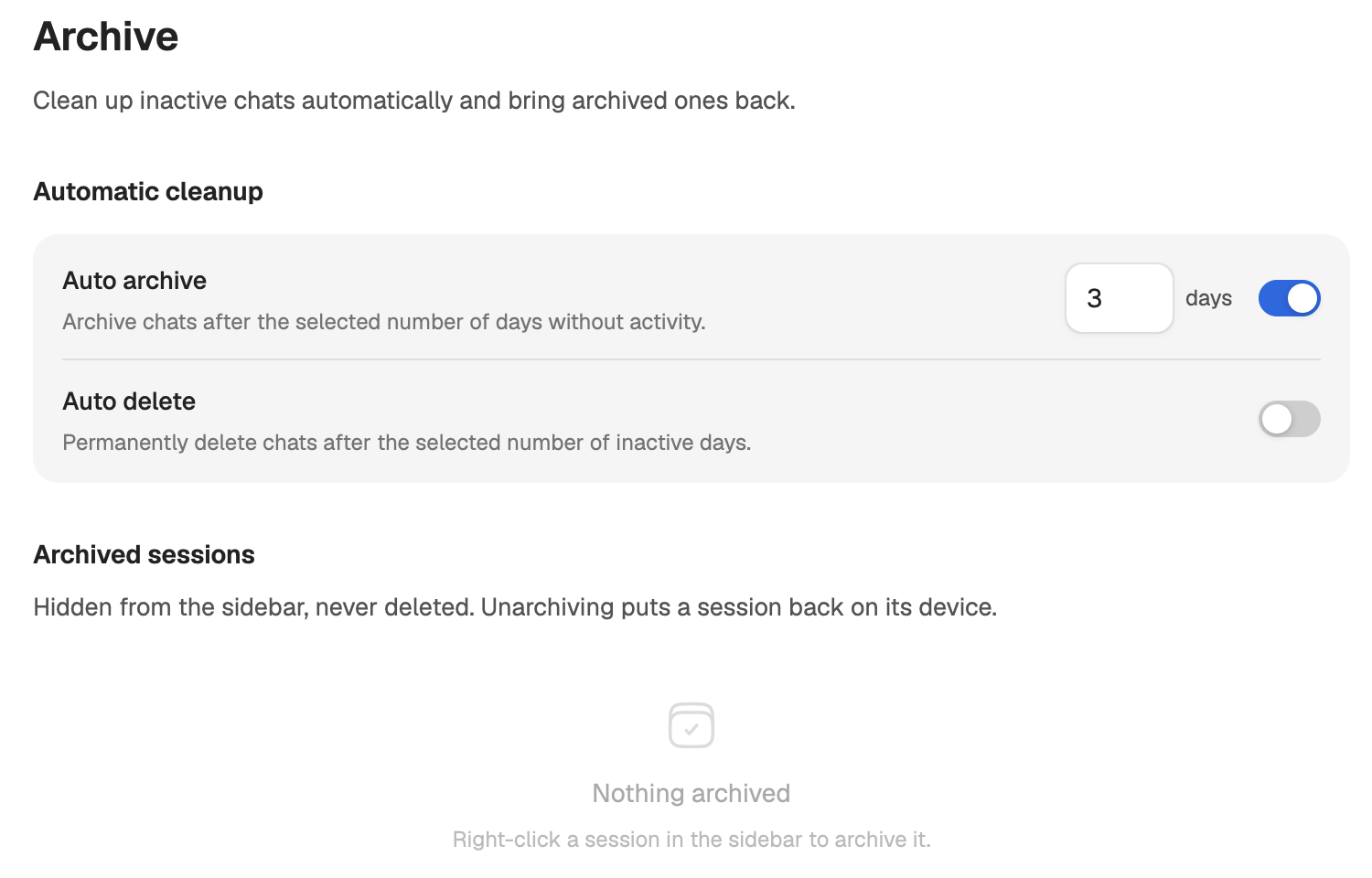Settings, Archive: Auto archive on at 3 days, Auto delete off at 15 days, and the archived sessions list.