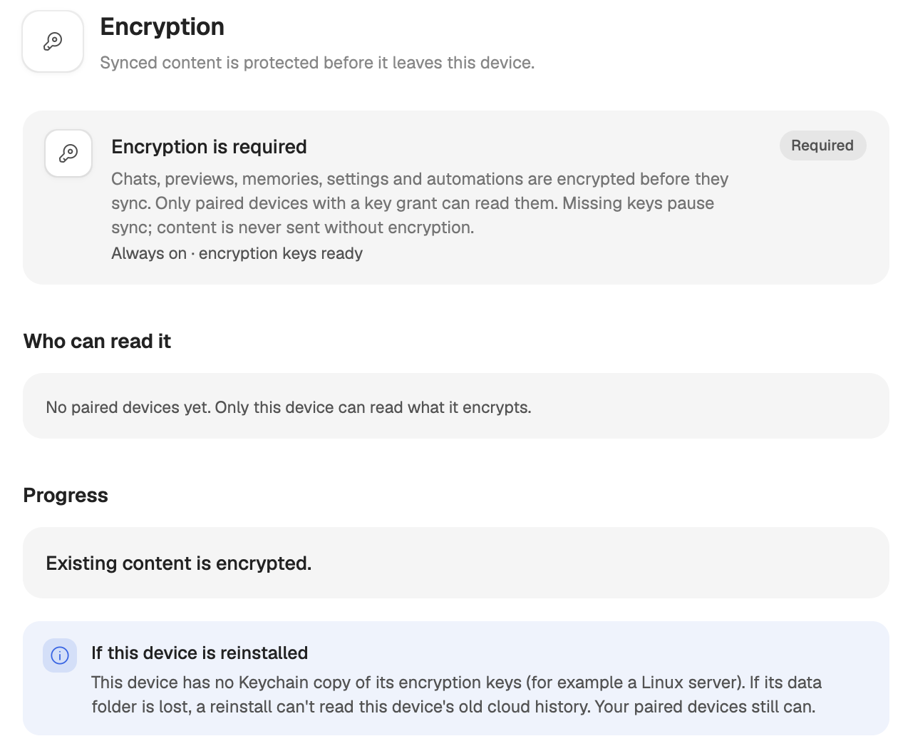 The Encryption pane: Encryption is required, Always on with keys ready, the paired devices that can read, and migration progress.