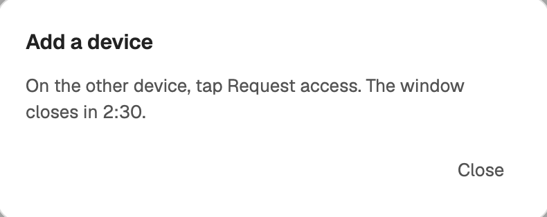 The Add a device dialog with the pairing window open and its countdown.