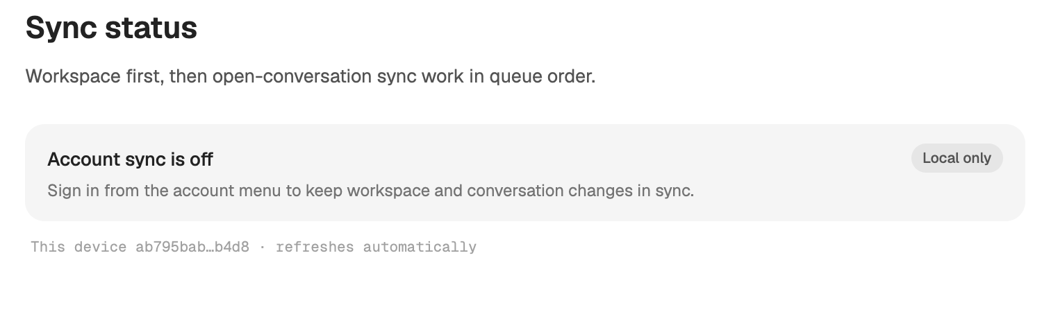 Sync status with the Workspace row and two open conversations, all up to date.